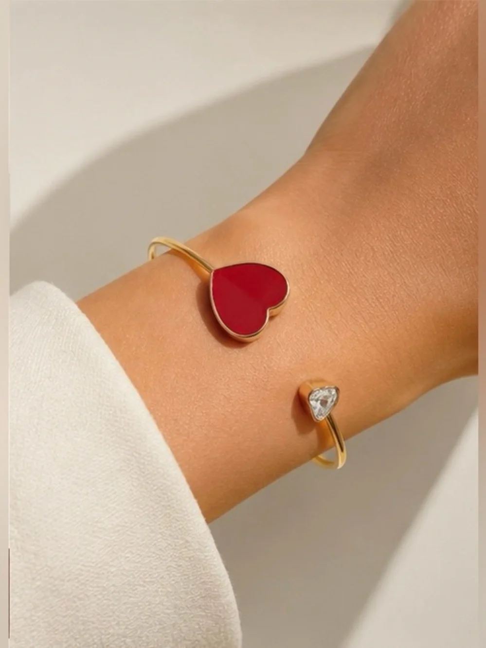 Gold Red Heart Open Cuff Bracelet – CZ Crystal Accent ❤️